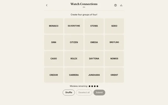 Watch Connections #4: a four by four grid of watch names such as Monaco, Silverstone, Seiko, Rolex and Daytona, four mistakes left, Shuffle and Submit buttons