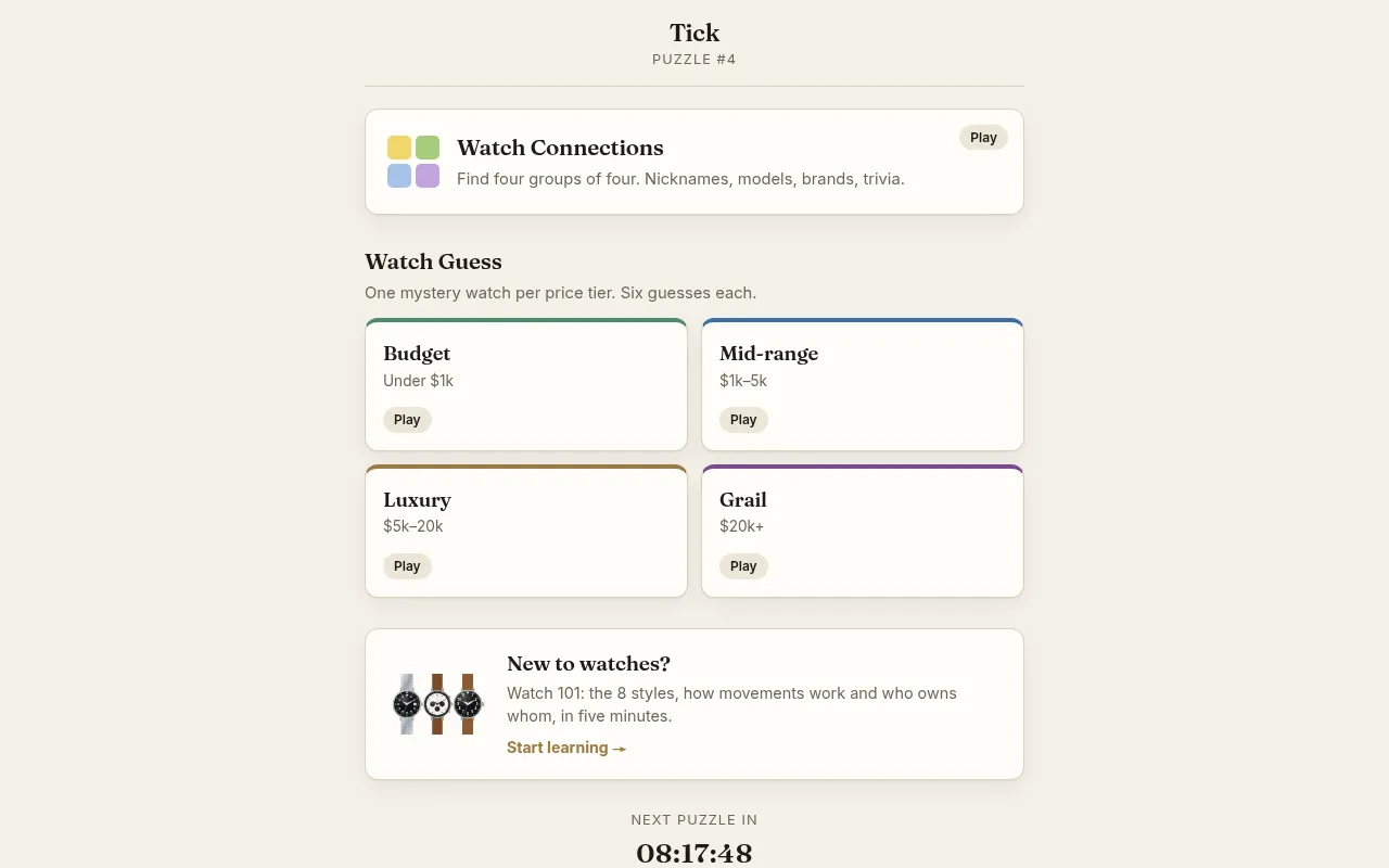 Tick home page for Puzzle #4: the Watch Connections card, four Watch Guess tiers from Budget to Grail, a Watch 101 link and the next puzzle countdown