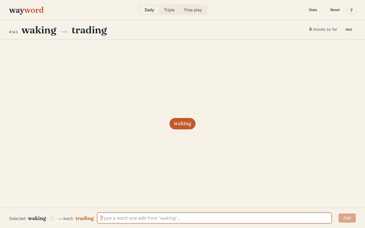 Wayword's Daily #143: waking to trading, with the start word waking on an empty board, 0 moves so far, and the box to type a word one edit from waking