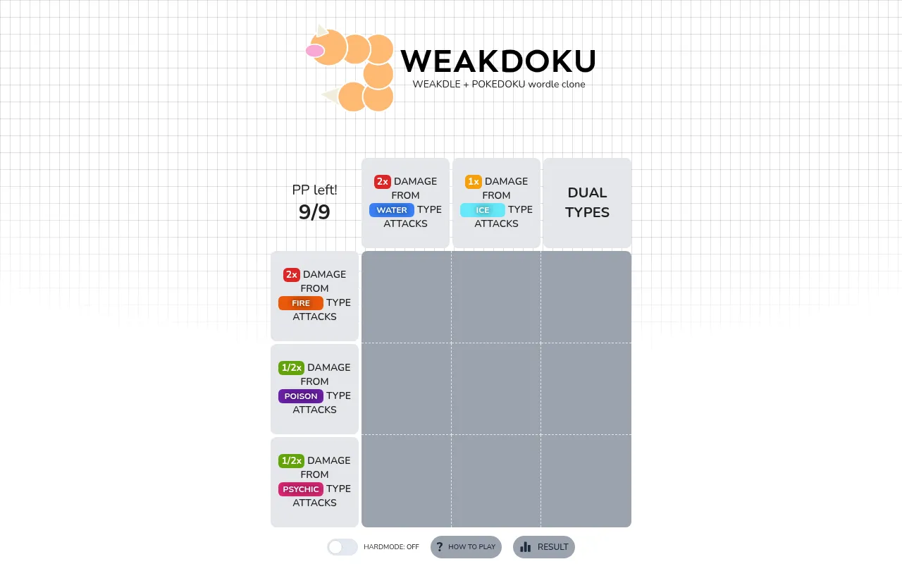 Weakdoku's empty 3x3 board for 22 October 2026 with its type matchup clues on each row and column and 9/9 PP