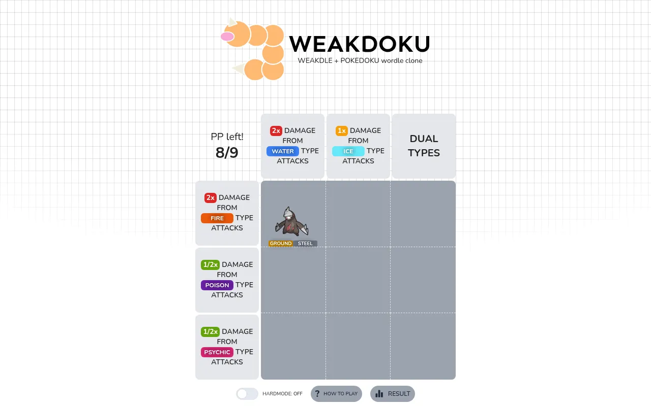 Weakdoku's grid for 22 October 2026 with Water, Ice and dual-type columns, Fire, Poison and Psychic rows, Excadrill placed in the first square and 8/9 PP left