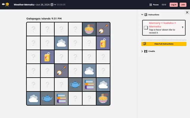 Today's Weather Memoku board for 26 October 2026, a 6x6 grid headed Galapagos Islands with a teapot, books, banjo, noodles, juice box and cloud tiles face up among hidden question mark tiles