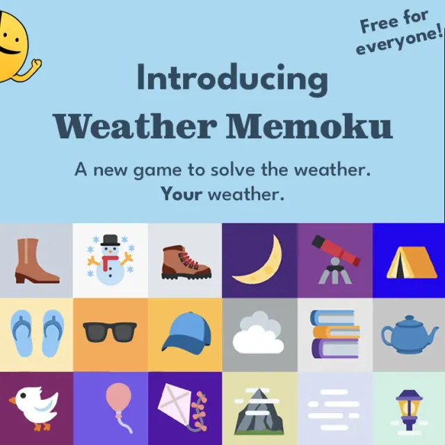 Puzzmo's announcement image for Weather Memoku, with a grid of weather themed picture tiles such as boots, a snowman, sunglasses and a cloud