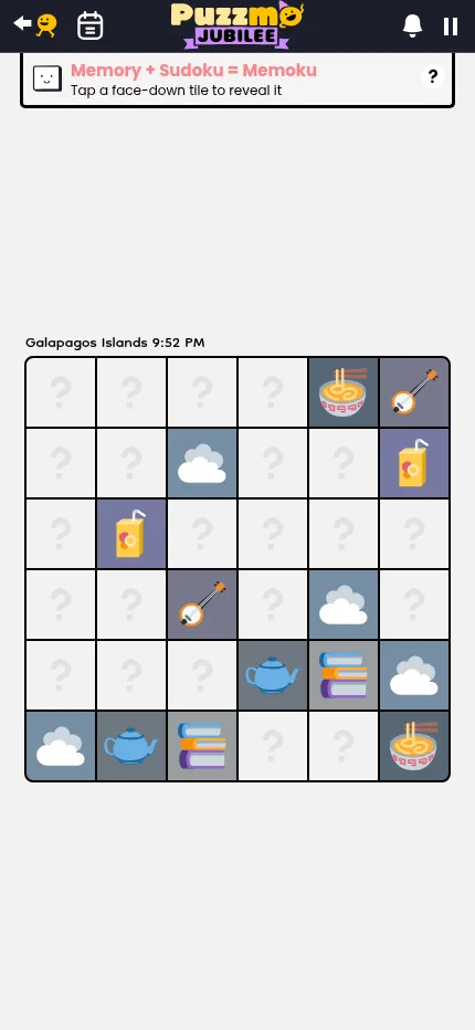 Weather Memoku at phone size on 26 October 2026, the 6x6 board with its face-up picture tiles below the Memory plus Sudoku instruction card