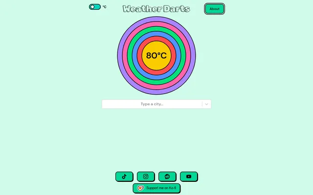 The WeatherDarts board on 18 October 2026: a dartboard of coloured rings with the day's target of 80°C in the bull, above a Type a city box