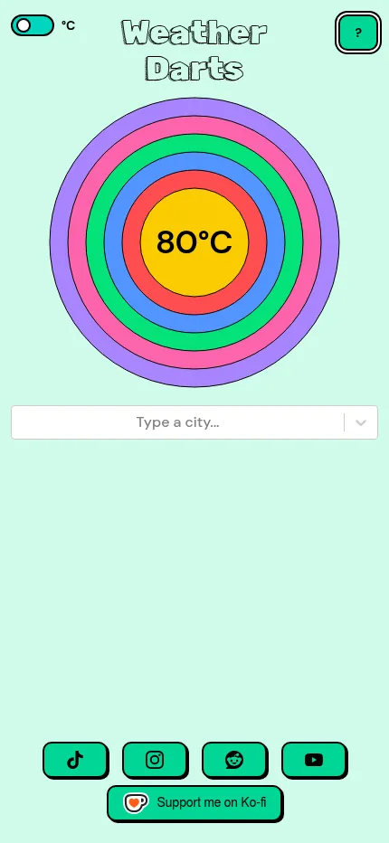 The WeatherDarts board with the 80°C target on a phone screen
