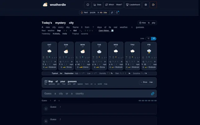 Weatherdle's mystery city for Sep 26 to Oct 2, 2026: seven day cards with highs, lows, rain, wind and sun strength, the typical September line, a map panel and a Guess a city or a country box