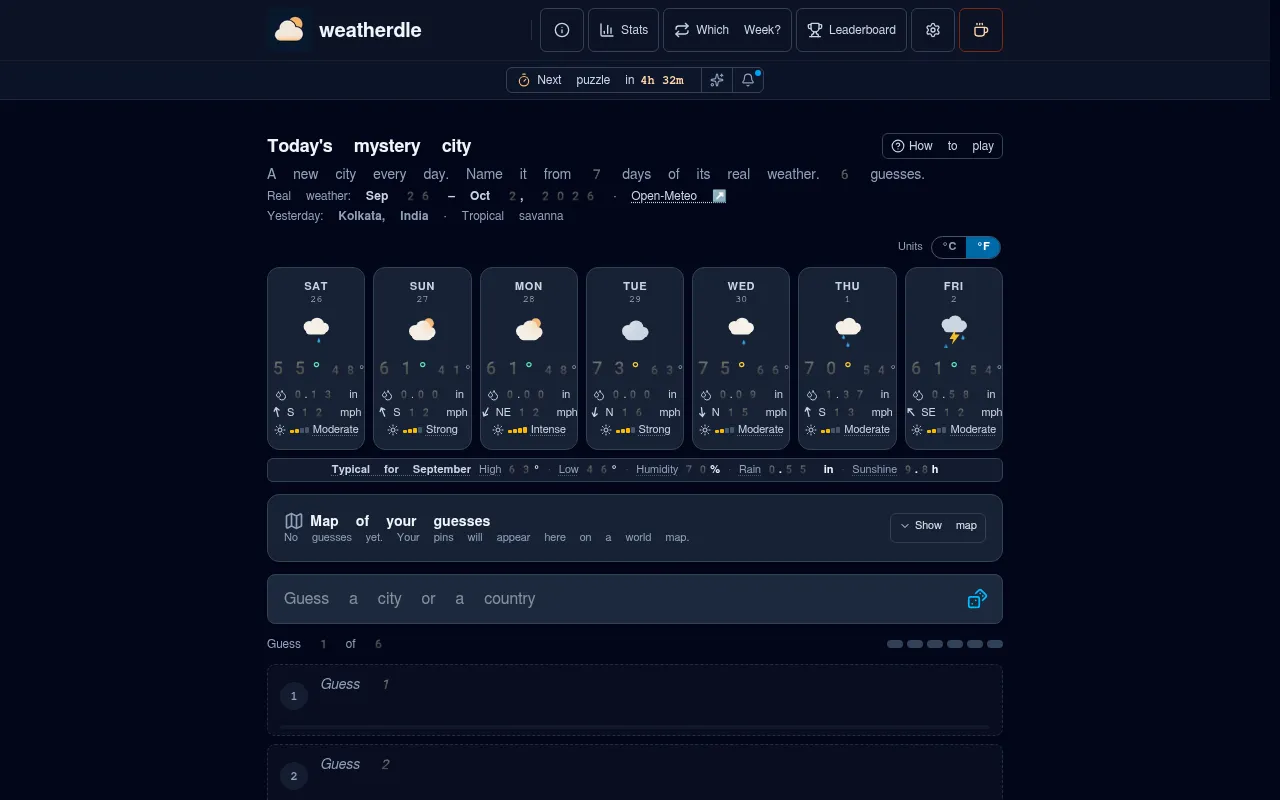 Weatherdle's mystery city for Sep 26 to Oct 2, 2026: seven day cards with highs, lows, rain, wind and sun strength, the typical September line, a map panel and a Guess a city or a country box