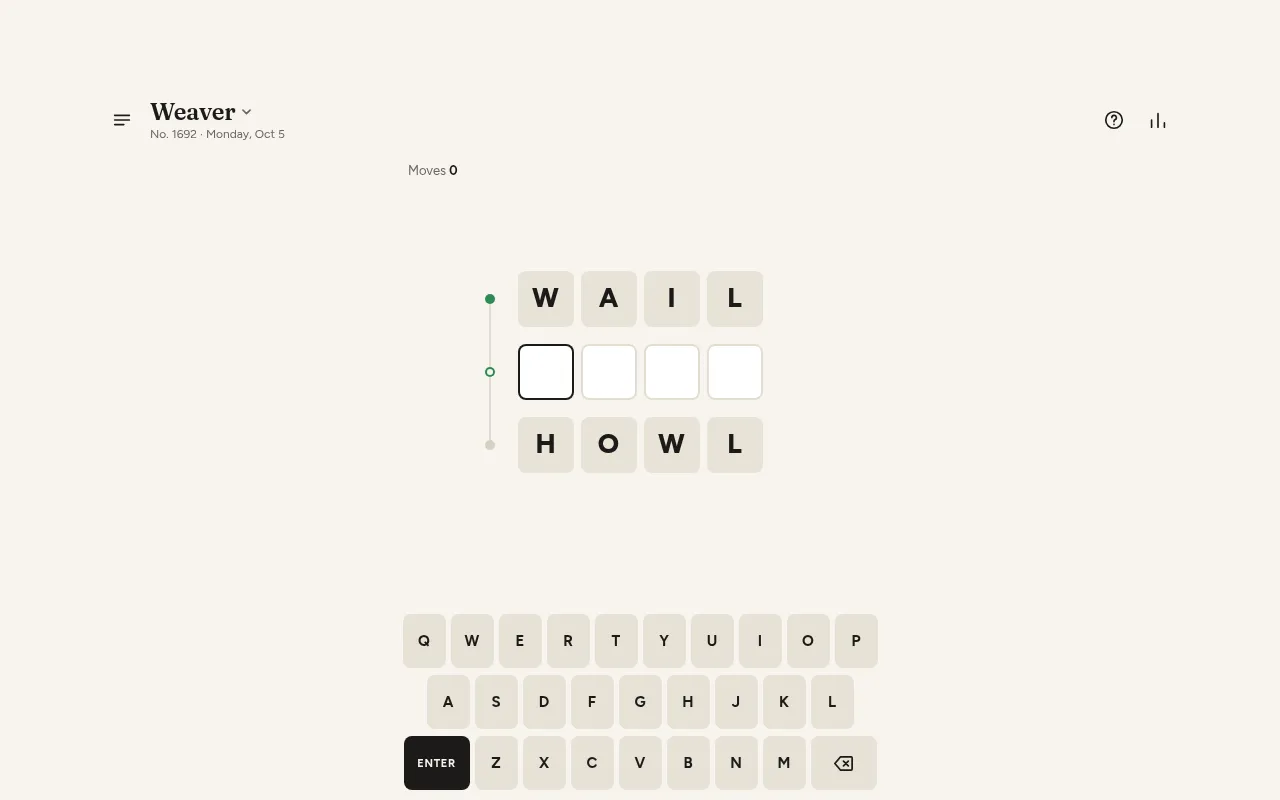 Weaver No. 1692 for Monday, October 5: the ladder from WAIL to HOWL with one empty row between them and an on-screen keyboard