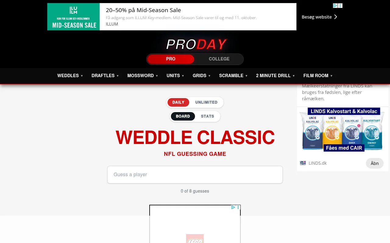 Weddle Classic, NFL guessing game: the Daily board with an empty Guess a player box and 0 of 8 guesses, under the ProDay menus of Weddles, Draftles, Mossword, Units, Grids, Scramble, 2 Minute Drill an