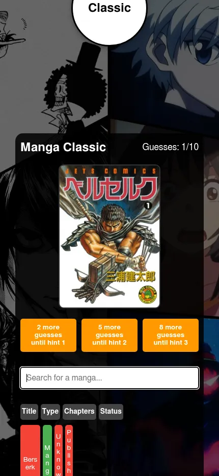 Weebdle's Manga Classic on a phone after guessing Berserk, its cover over the hint buttons and the start of the comparison table