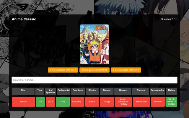 Weebdle's Anime Classic board after a first guess, Naruto: with its cover, the hint buttons and a row comparing its details with the answer