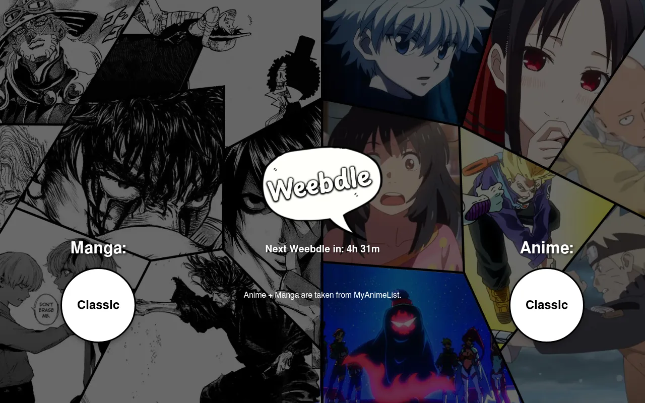 Weebdle's home page: the logo in a speech bubble over a collage of manga panels on the left and anime art on the right, with Manga Classic and Anime Classic buttons and a Next Weebdle countdown