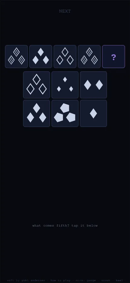 The same Weft NEXT round at phone size, the four panels and question mark across the top and the six answer tiles in two rows