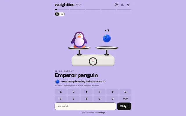 Weighsies No. 10, weigh-in 1 of 5: an emperor penguin on a two-pan scale opposite a bowling ball, asking how many bowling balls balance it, with a number keypad