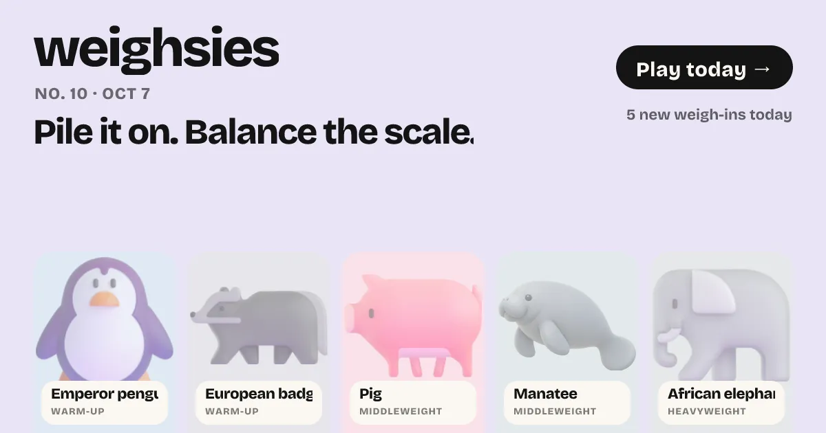 Weighsies share image for No. 10, Oct 7: cards for the day's five weigh-ins, emperor penguin, European badger, pig, manatee and African elephant