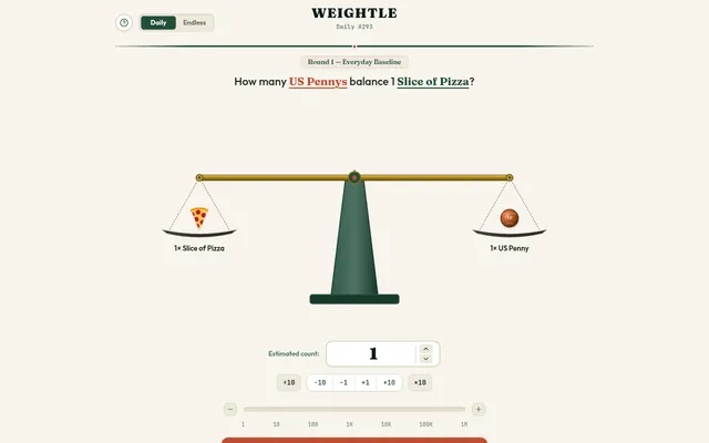 Weightle Daily #293, round 1, Everyday Baseline: How many US pennies balance 1 slice of pizza, a pizza slice and a penny on a two-pan scale over the count controls
