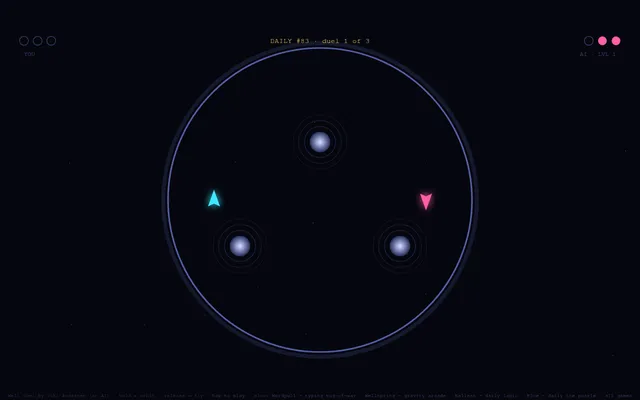 Well Duel Daily #83, duel 1 of 3: a cyan ship and a pink ship inside the ring among three gravity wells, the AI two points up