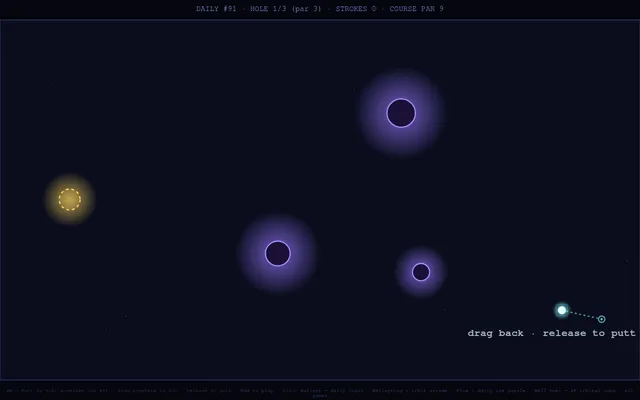 Well Putt Daily #91, hole 1 of 3 (par 3, course par 9): the ball on the right, three purple gravity wells in between and the glowing yellow hole on the left