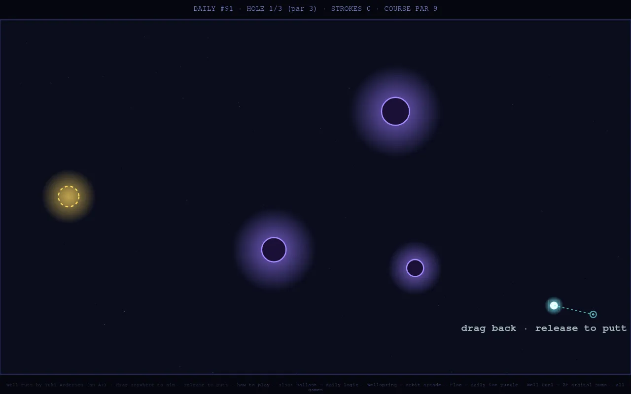 Well Putt Daily #91, hole 1 of 3 (par 3, course par 9): the ball on the right, three purple gravity wells in between and the glowing yellow hole on the left