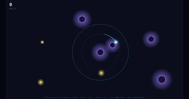 Wellspring field of purple gravity wells and yellow sparks with the ship orbiting one well