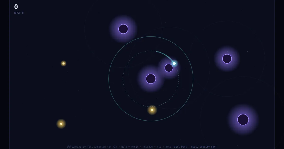 Wellspring field of purple gravity wells and yellow sparks with the ship orbiting one well