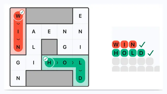 A Wend board in play: grey walls split a grid of letter tiles, WIN traced down in red and HOLD bending through green, with the word slots beside it