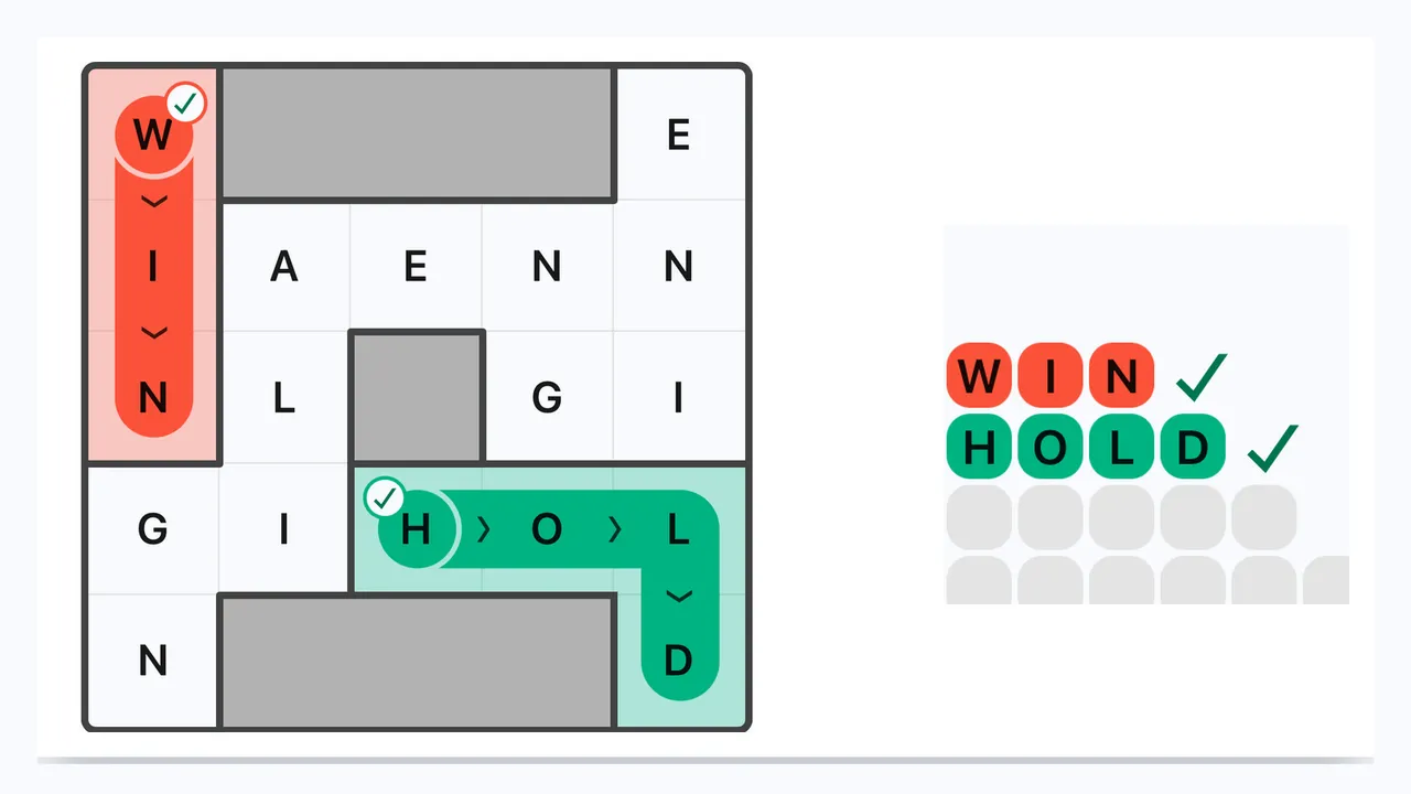 A Wend board in play: grey walls split a grid of letter tiles, WIN traced down in red and HOLD bending through green, with the word slots beside it