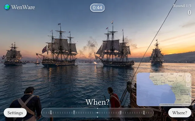 A WenWare round: a 360 degree scene of sailing warships at dusk seen from a ship's deck, with the When? year timeline below and the Where? map in the corner