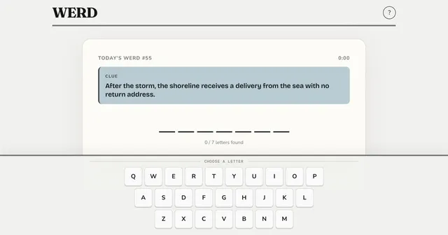 WERD puzzle with a clue, seven blank letters and an on-screen keyboard
