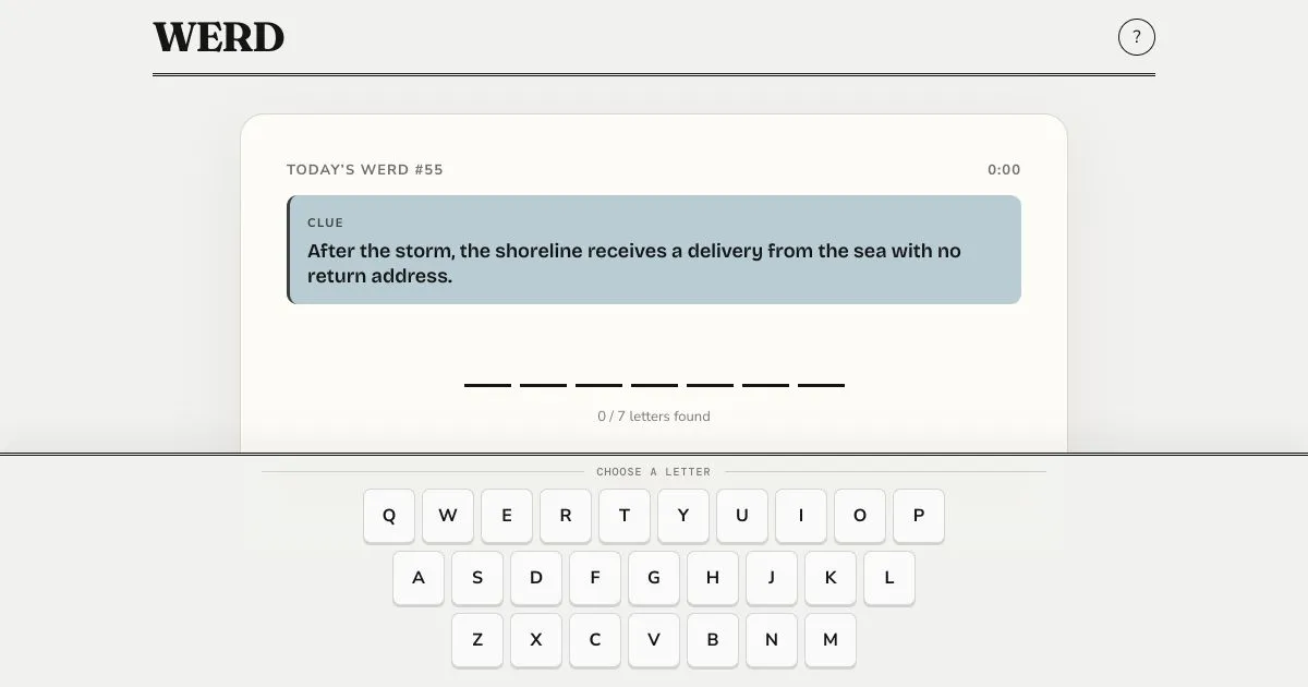 WERD puzzle with a clue, seven blank letters and an on-screen keyboard