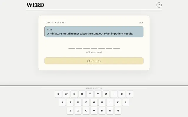 Today's WERD #57: the cryptic clue 'A miniature metal helmet takes the sting out of an impatient needle.' above seven blank letters and an on-screen keyboard