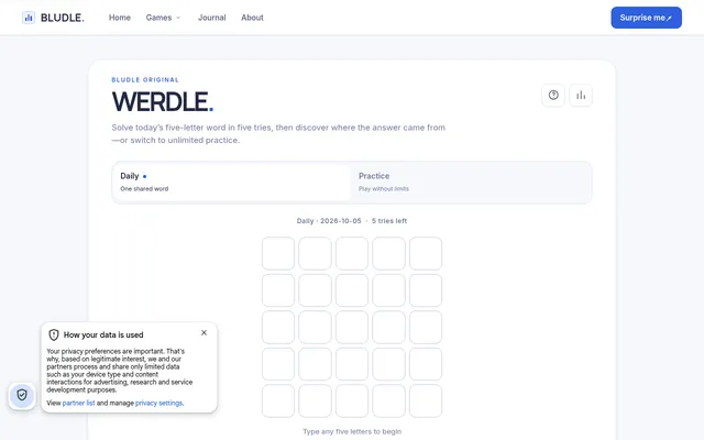 Werdle on Bludle: Daily 2026-10-05 with 5 tries left, an empty grid of five rows of five tiles and Daily and Practice tabs