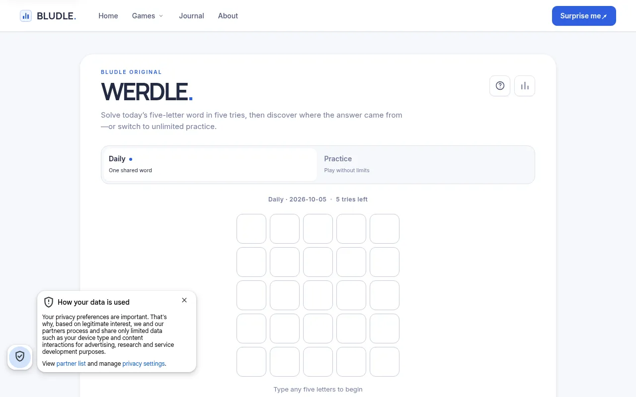 Werdle on Bludle: Daily 2026-10-05 with 5 tries left, an empty grid of five rows of five tiles and Daily and Practice tabs