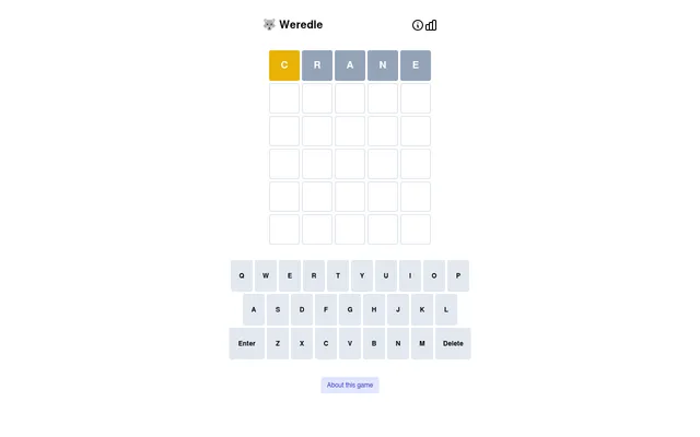 Today's Weredle board on a desktop after a first guess, CRANE, with the C tile yellow and the rest grey, above the on-screen keyboard