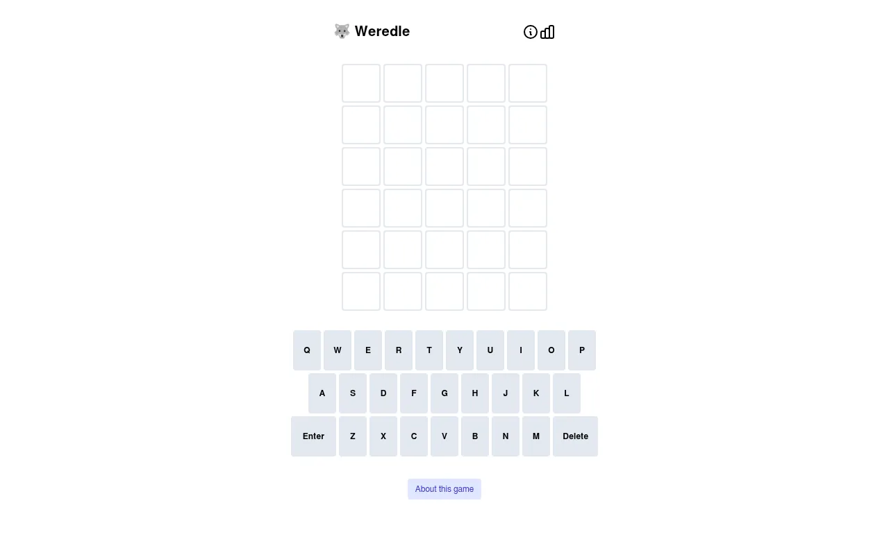 The Weredle board: a wolf emoji beside the title, six empty rows of five tiles, an on-screen keyboard and an About this game button