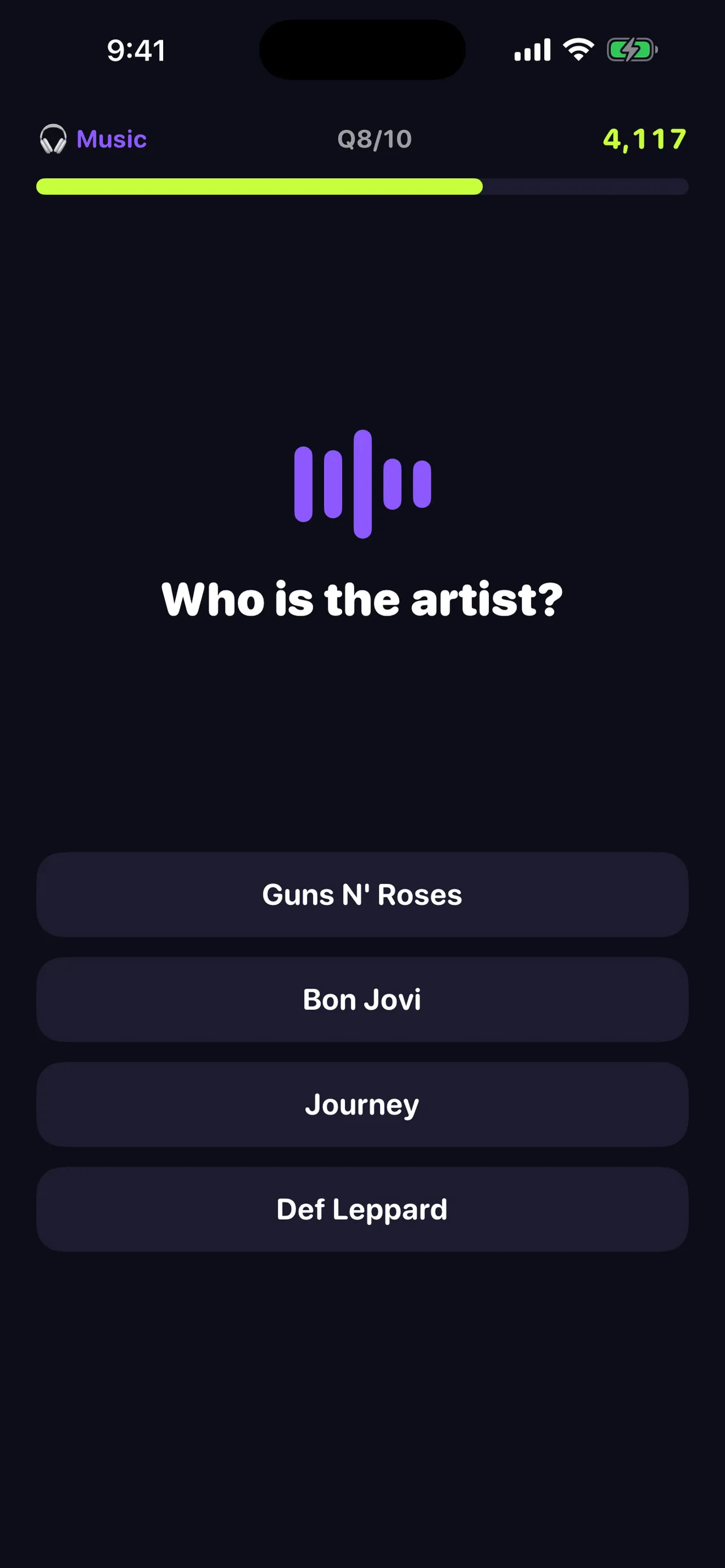 WHAMI music question 8 of 10 asking who the artist is, with four bands to choose from