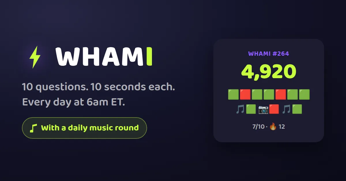 WHAMI card showing ten questions, ten seconds each, and a sample result for WHAMI #264