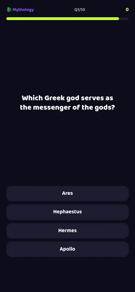 WHAMI on a phone: question 1 of 10 of the day's set, four answer buttons under the question