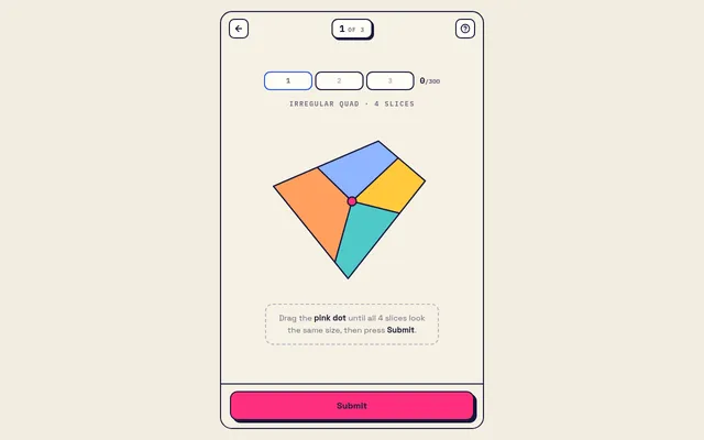 What's the Area? today's shape 1 of 3 on 22 October 2026: an irregular quad cut into four coloured slices by lines meeting at a pink dot, with a Submit button