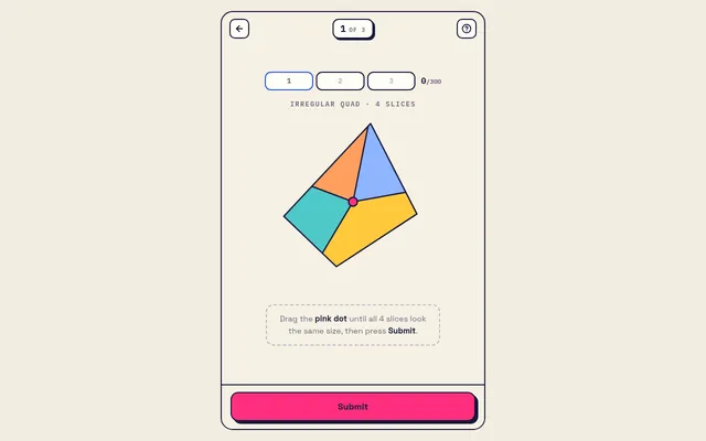 What's the Area? shape 1 of 3, an irregular quad cut into four coloured slices by lines meeting at a pink dot, with a score of 0 out of 300 and a Submit button