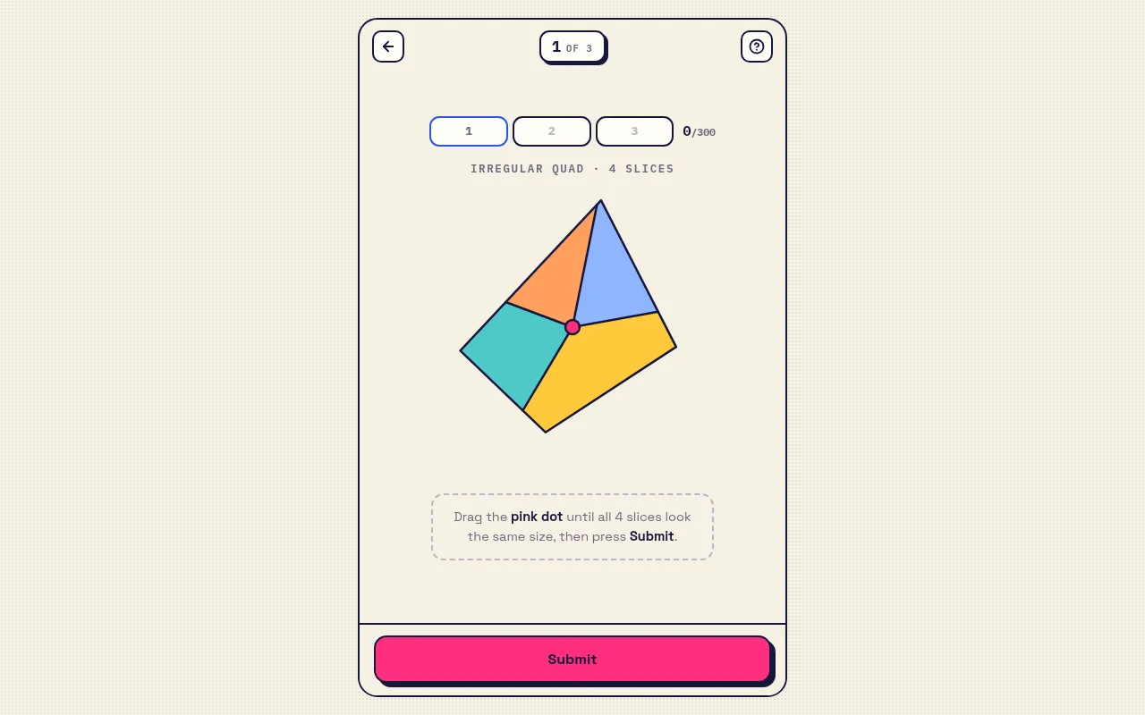 What's the Area? shape 1 of 3, an irregular quad cut into four coloured slices by lines meeting at a pink dot, with a score of 0 out of 300 and a Submit button