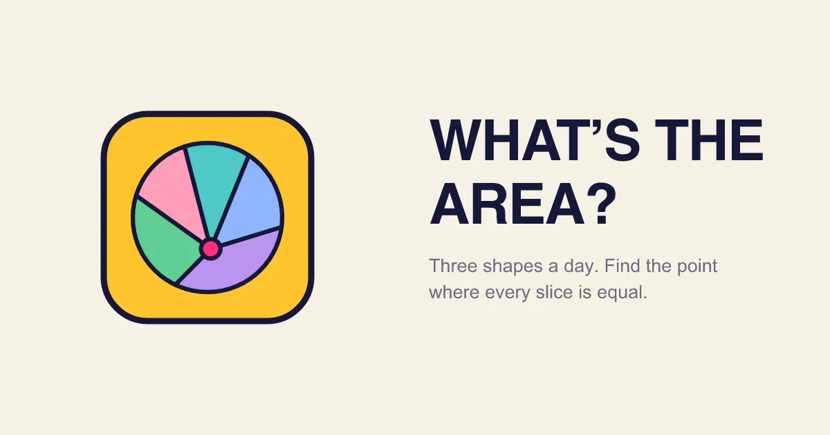 What's the Area? logo card: a circle cut into five coloured slices around a pink dot, with the line three shapes a day, find the point where every slice is equal