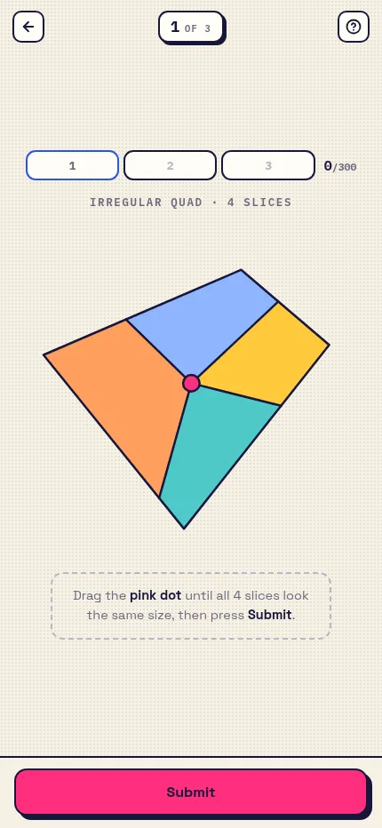 What's the Area? at phone size: shape 1 of 3, an irregular quad in four coloured slices around the pink dot, score 0 out of 300