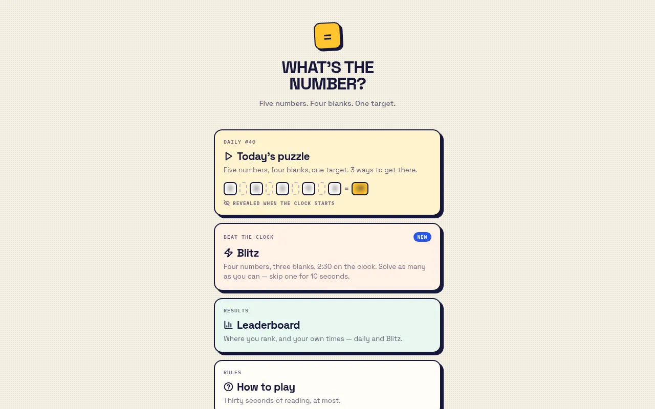 What's the Number? home screen: Daily #40, Today's puzzle with its five numbers hidden until the clock starts, then Blitz, Leaderboard and How to play