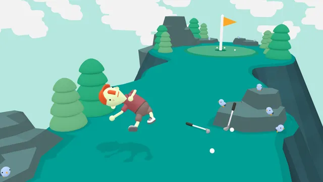 WHAT THE GOLF? gameplay: the golfer flies through the air on a cliff course while the club and ball are left near the flag