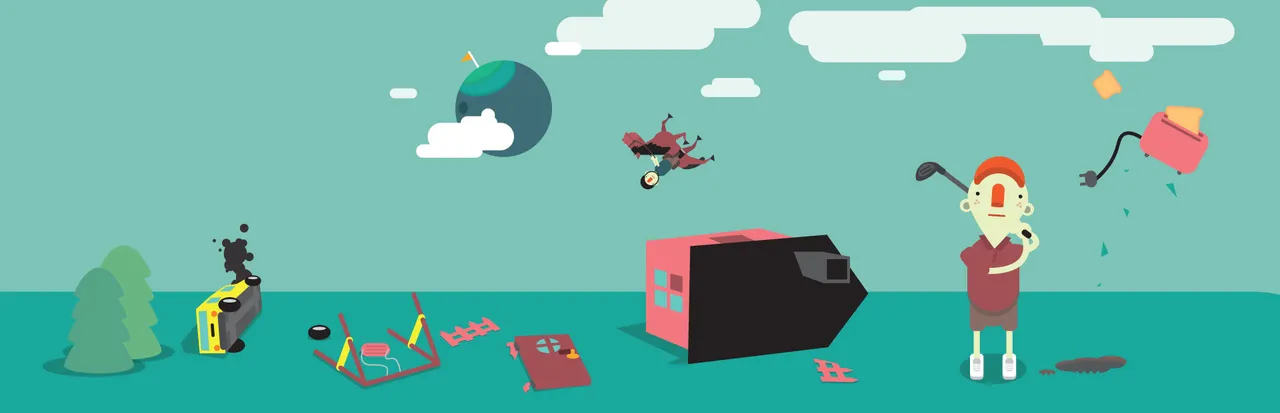 WHAT THE GOLF? art: the red-haired golfer stands beside a flying toaster and a house on its side