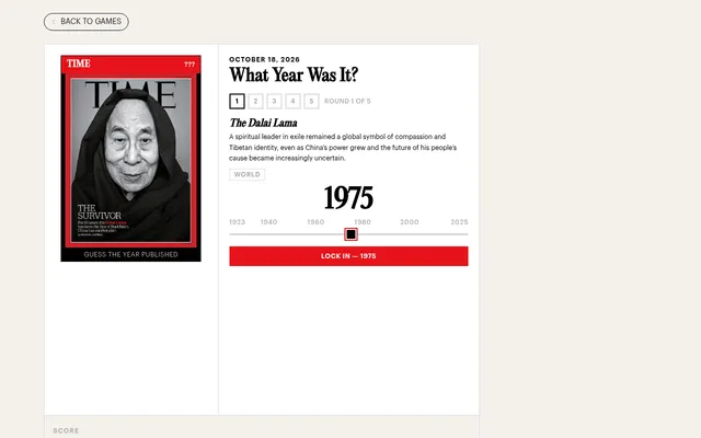 What Year Was It? for October 18, 2026, round 1 of 5: a TIME cover of the Dalai Lama with its year hidden, his clue, and a year slider at 1975 with a Lock In button