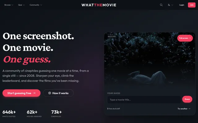 WhatTheMovie home page: a dark film still of a figure lying in a forest, with a box to type your guess at the movie title