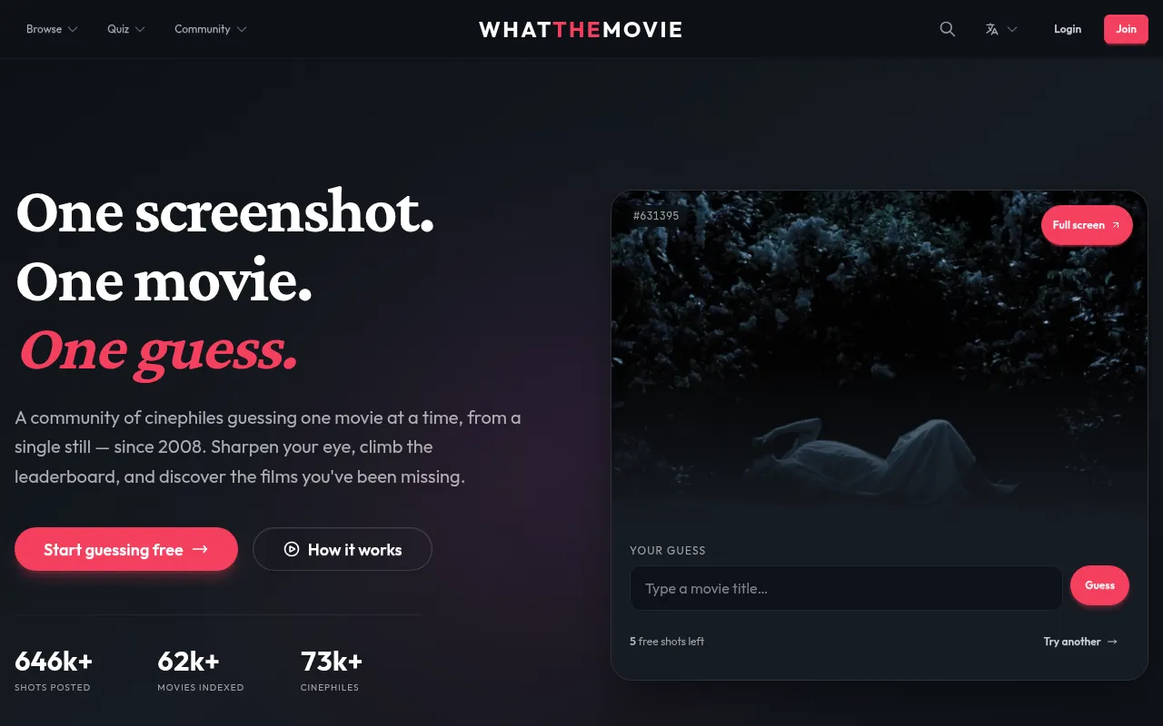 WhatTheMovie home page: a dark film still of a figure lying in a forest, with a box to type your guess at the movie title